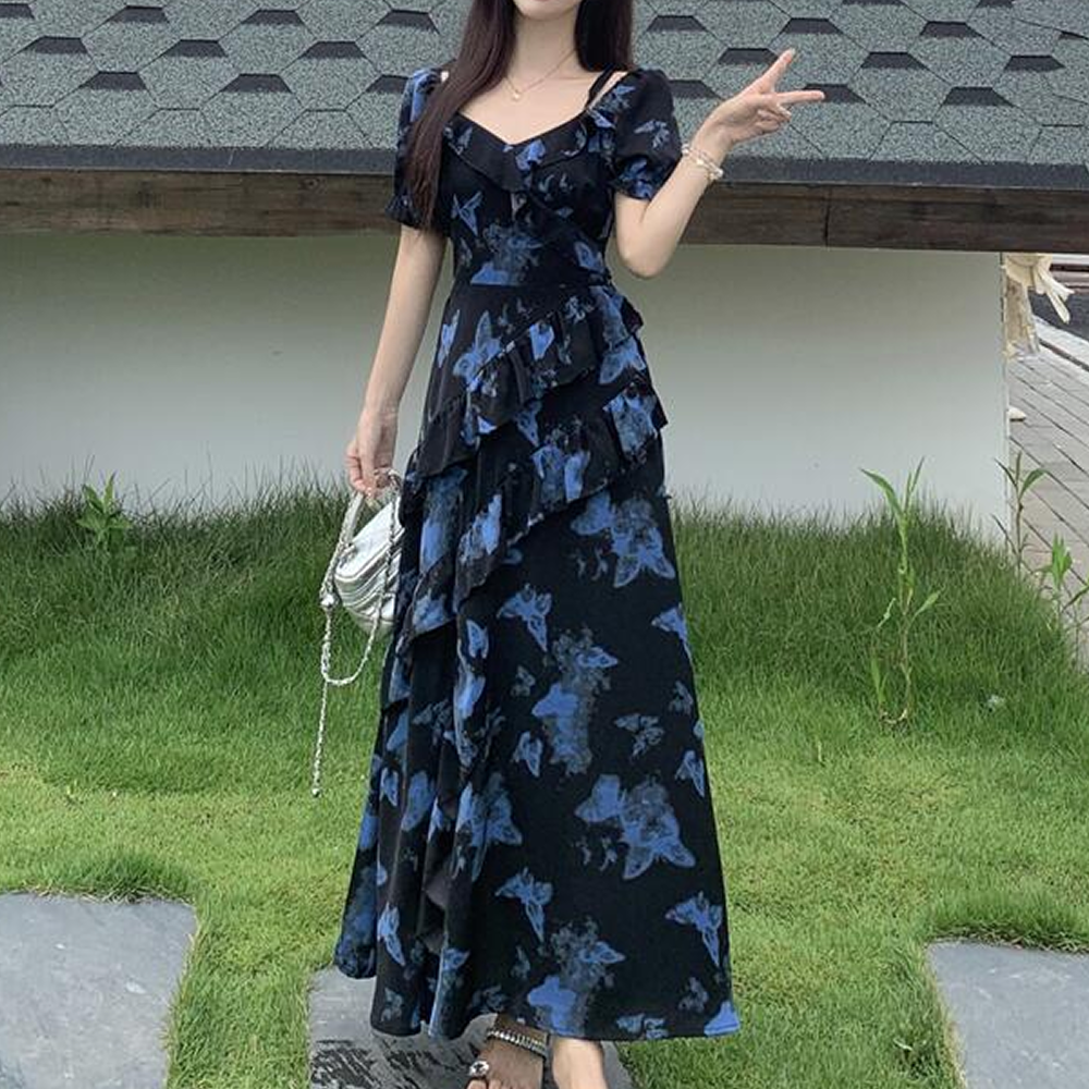 플라워원피스 여성 여름 쉬폰 프릴 롱 휴양지 원피스 - 상세 이미지 5