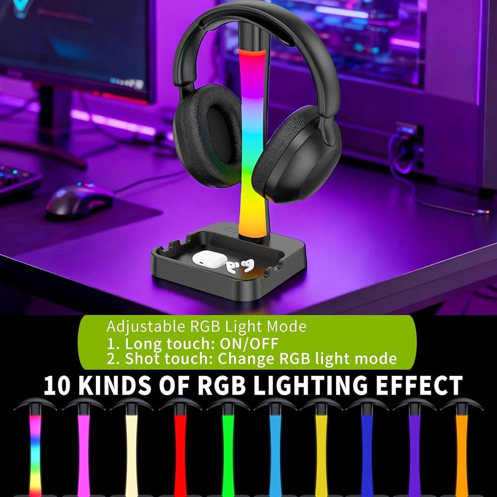 충전기가 있는 타스카퀸 헤드폰 스탠드, RGB 조명 모드가 게이밍 헤드셋 에어팟 맥스 데스크 램프, 휴대폰 홀더, 태블릿 데스크톱 정리함, 게이머 및 음악 애호가를 위한 선물(블랙 - 상세 이미지 3