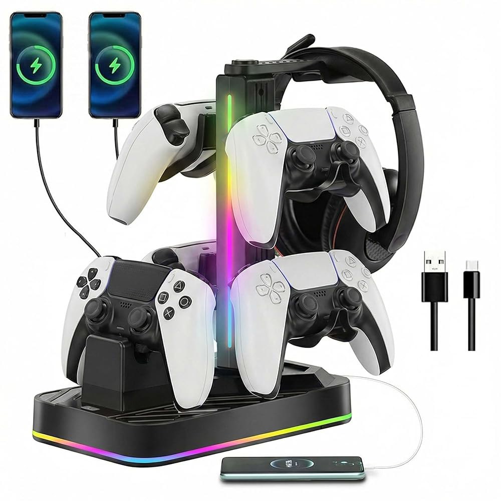 헤드폰 스탠드가 있는 JDGPOKOKO PS5 컨트롤러 충전기, 3개의 USB 포트가 RGB 충전 스테이션 도크, 플레이스테이션 5 및 듀얼센스 엣지 컨트롤러용 헤드셋 홀더 스탠드 - 상품 이미지