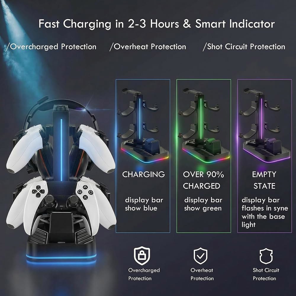 헤드폰 스탠드가 있는 JDGPOKOKO PS5 컨트롤러 충전기, 3개의 USB 포트가 RGB 충전 스테이션 도크, 플레이스테이션 5 및 듀얼센스 엣지 컨트롤러용 헤드셋 홀더 스탠드 - 상세 이미지 3