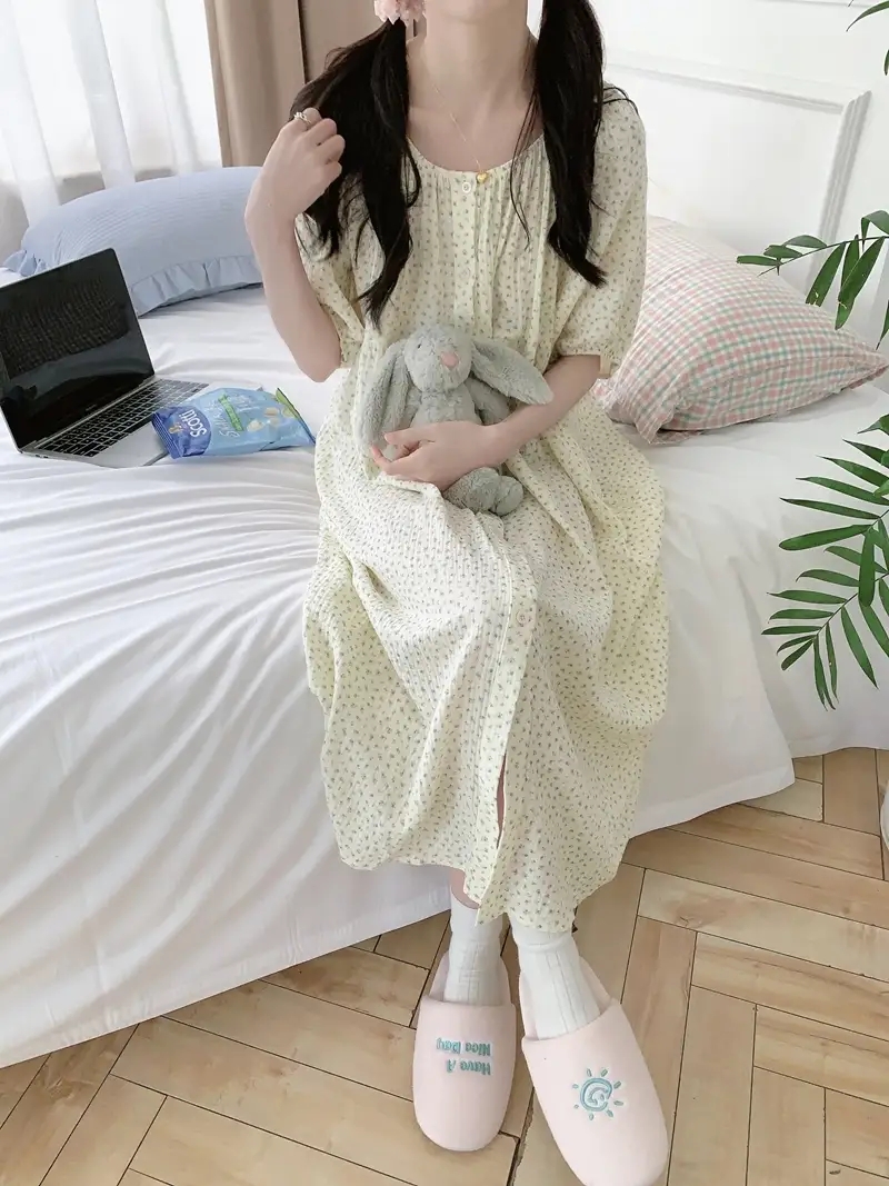 잔꽃 빅사이즈 반팔 원피스잠옷 노카라 요루면 거즈면 임산부 수유 홈웨어 파자마 여름 이미지 8