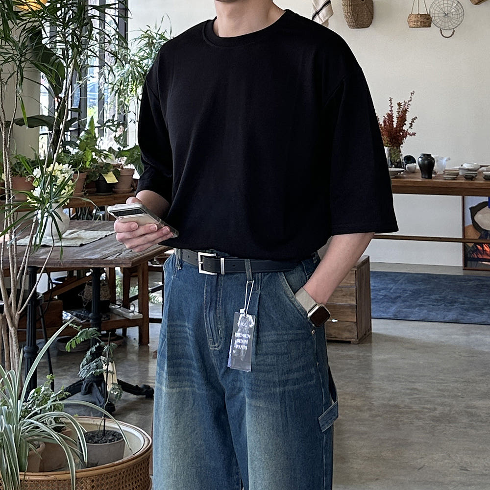 남자 오버핏 커플 무지 라운드 칠부 반팔티 남성 7부 티셔츠 이미지 4