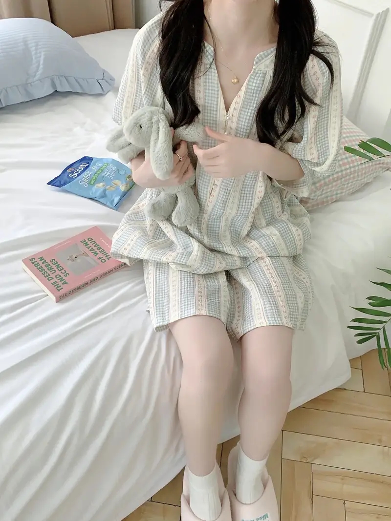체크꽃 반팔잠옷 빅사이즈 요루면 반바지 수유 임산부 홈웨어 파자마 여름 - 상세 이미지 2