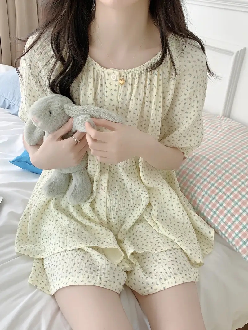 잔꽃 빅사이즈 반팔 원피스잠옷 노카라 요루면 거즈면 임산부 수유 홈웨어 파자마 여름 이미지 6