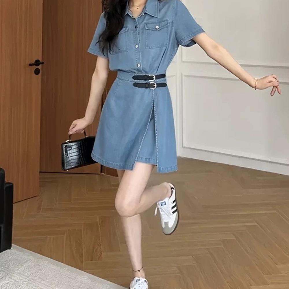 데님원피스 여성 여름 벨트 셔츠 미니 청원피스 - 상세 이미지 4