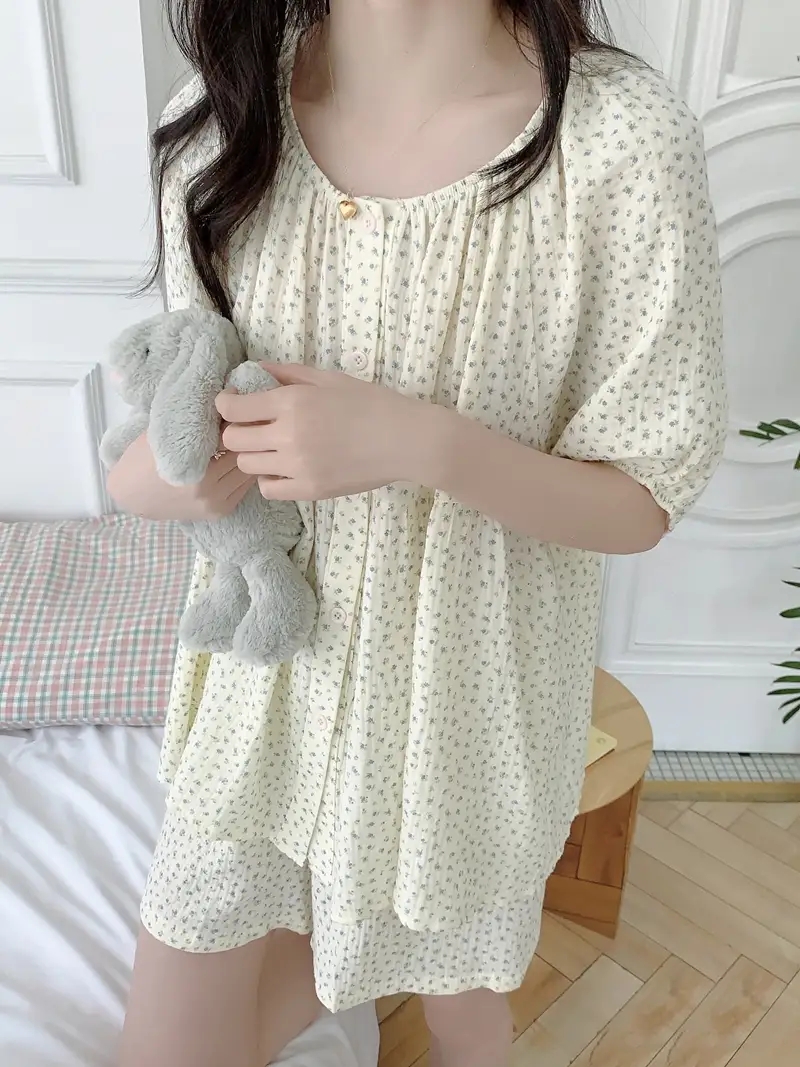 잔꽃 빅사이즈 반팔 원피스잠옷 노카라 요루면 거즈면 임산부 수유 홈웨어 파자마 여름 이미지 7