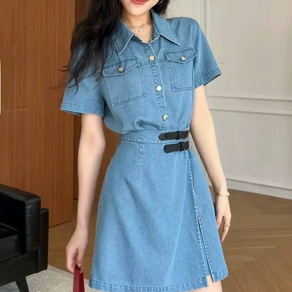 데님원피스 여성 여름 벨트 셔츠 미니 청원피스 - 상품 이미지