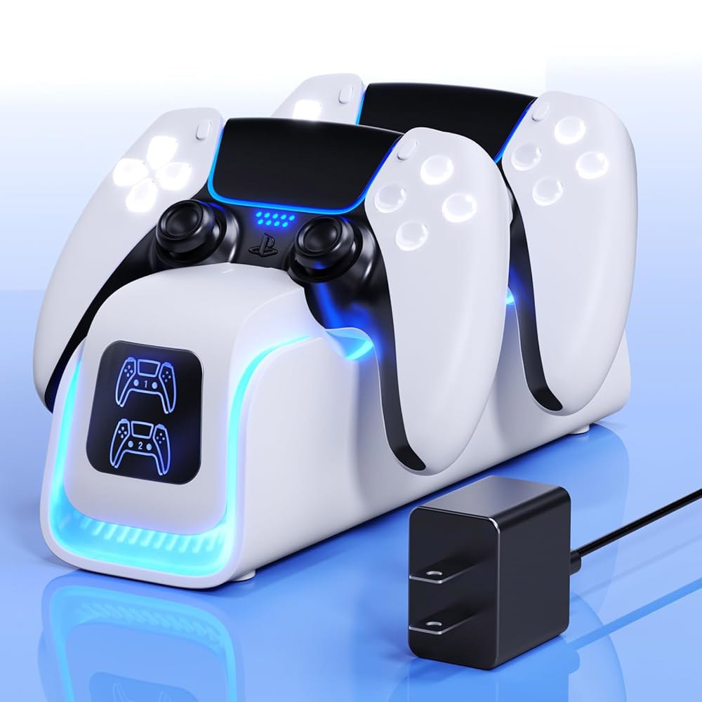 PS5 컨트롤러 충전기, 듀얼센스 엣지용 충전 도크, 6개의 LED 및 RGB 호흡 모드, 과충전 보호 플레이스테이션 4 액세서리 냉각 시스템 5V/2A 어댑터 케이블 - 상품 이미지