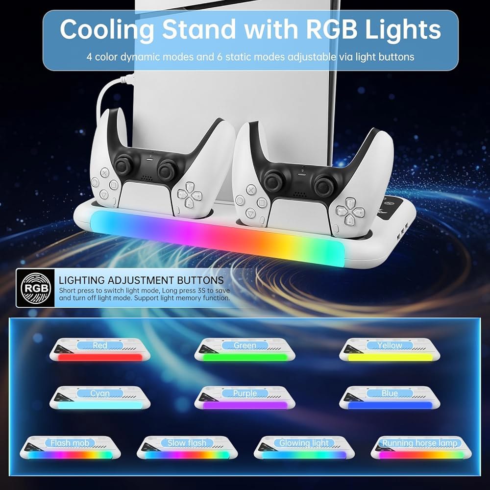 PS5 슬림 / 스탠드 및 냉각 스테이션, 3레벨 PS 5 8개의 RGB LED 엣지 컨트롤러용 충전기, 5용 디자인 디스크 & 디지털 (화이트 + 회색 먼지 커버) - 상세 이미지 2