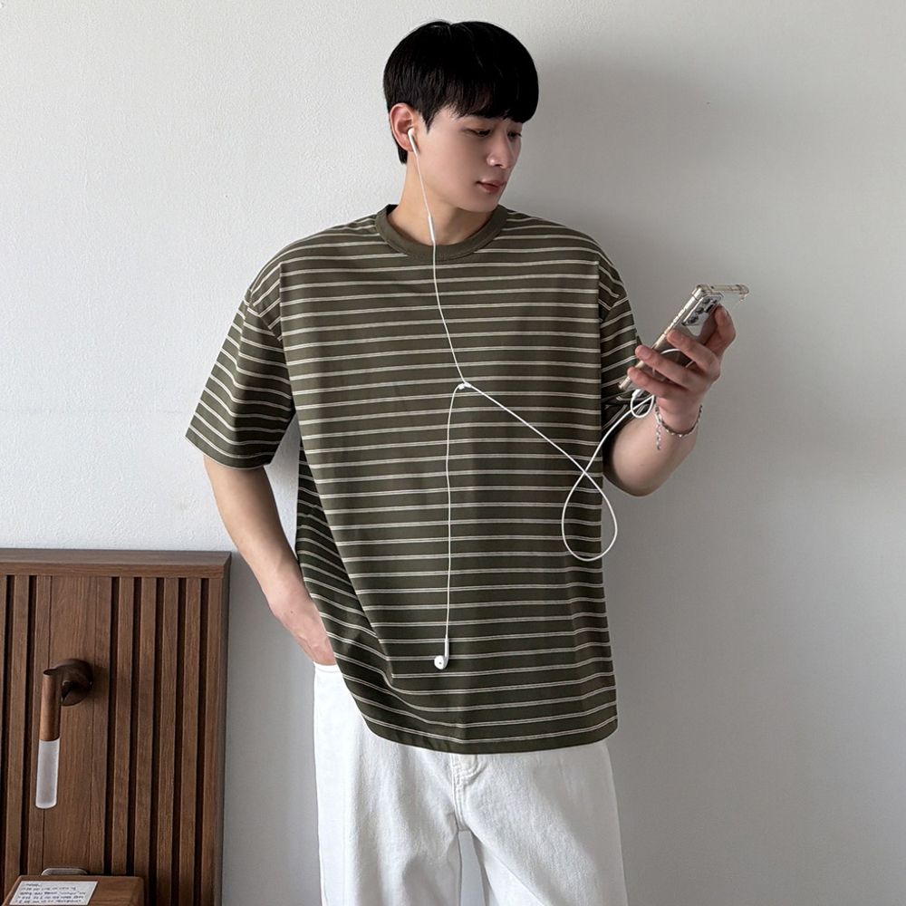 남자 리룹 여름 바이오 워싱 스트라이프 반팔티 - 상품 이미지