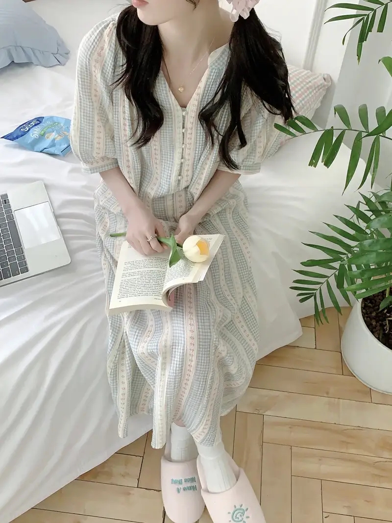 체크꽃 반팔잠옷 빅사이즈 요루면 반바지 수유 임산부 홈웨어 파자마 여름 - 상세 이미지 5