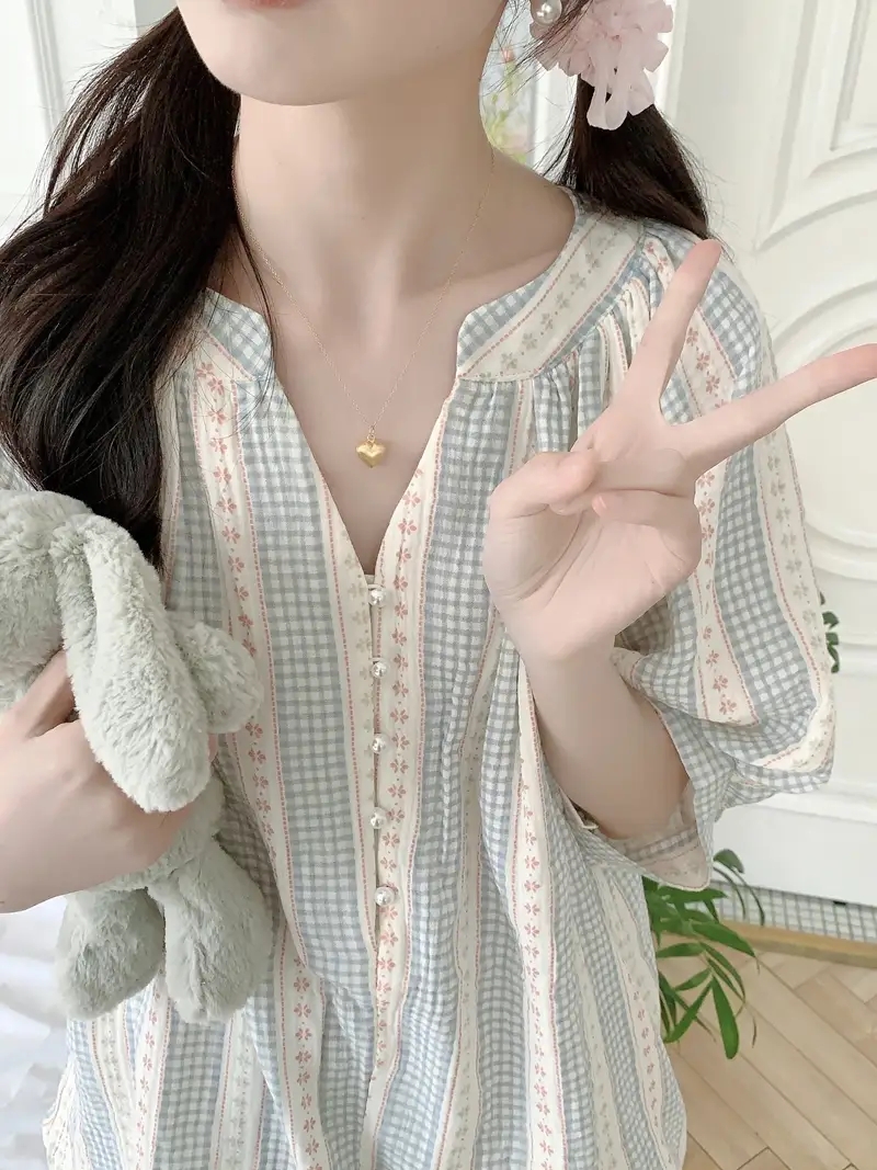 체크꽃 반팔잠옷 빅사이즈 요루면 반바지 수유 임산부 홈웨어 파자마 여름 이미지 7