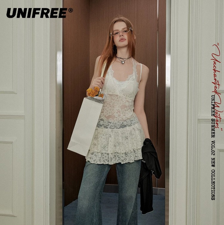 UNIFREE 레이스나시 레이어드 프릴 시스루 홀터넥 탑 - 상품 이미지