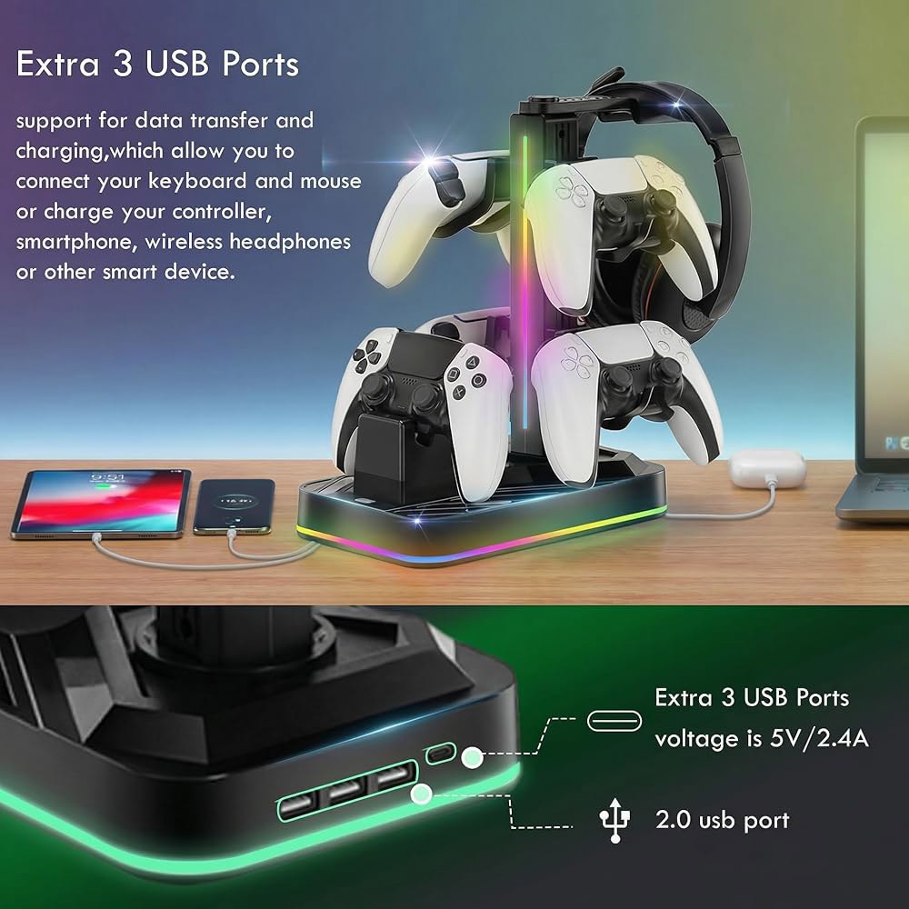 헤드폰 스탠드가 있는 JDGPOKOKO PS5 컨트롤러 충전기, 3개의 USB 포트가 RGB 충전 스테이션 도크, 플레이스테이션 5 및 듀얼센스 엣지 컨트롤러용 헤드셋 홀더 스탠드 - 상세 이미지 2