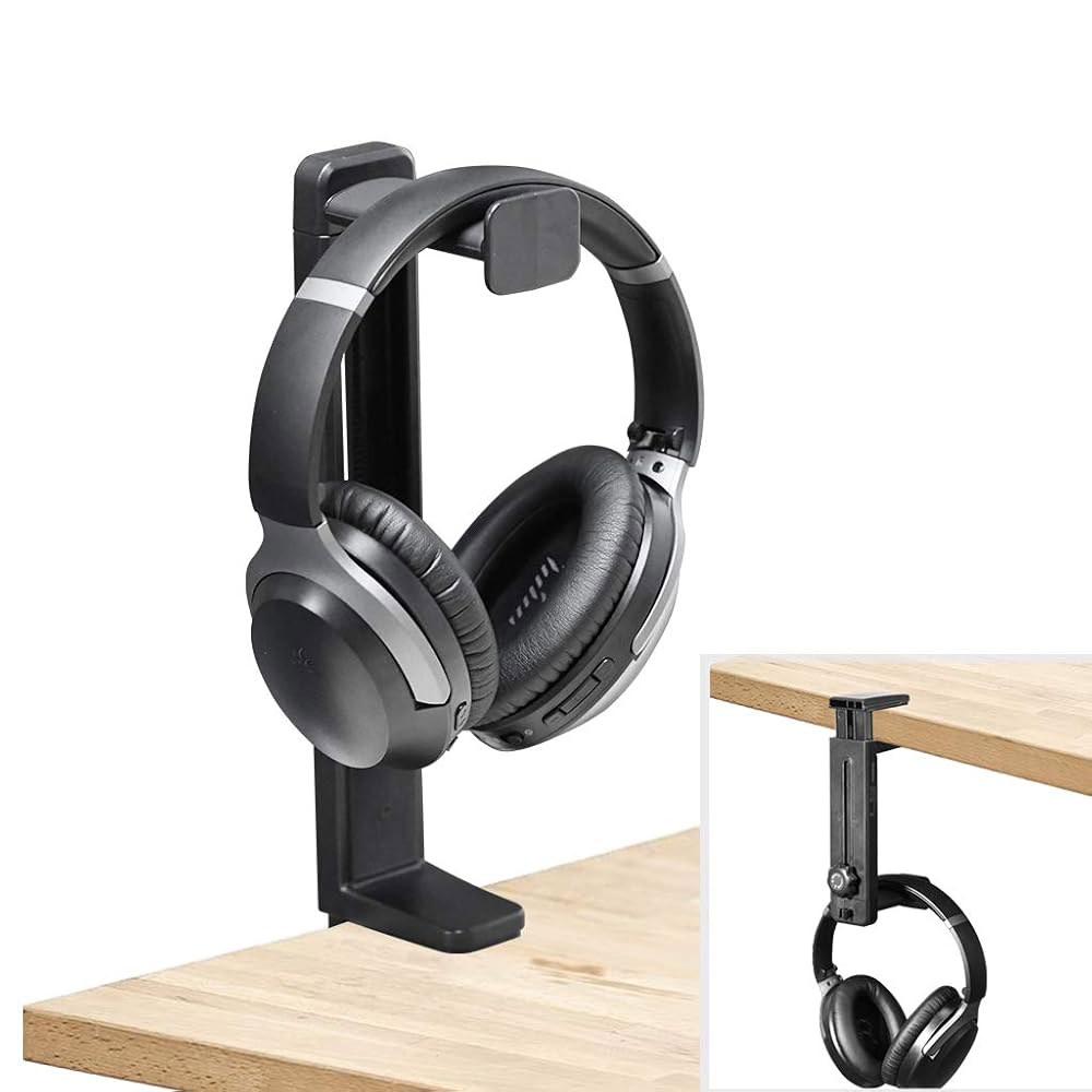 NEETTO HS906 헤드폰 스탠드 및 행거 2 in 1, 위/아래 책상 게임 헤드셋 홀더 높이 조절 회전 클램프가 있는 마운트 후크, 케이블 클립이 이어폰 - 상품 이미지