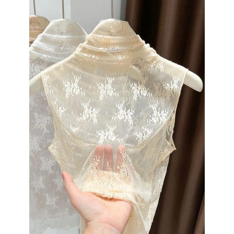 반폴라 상의 레이스 슬림핏 화이트 목티 망사 메쉬 여성 진주 S - 상세 이미지 2