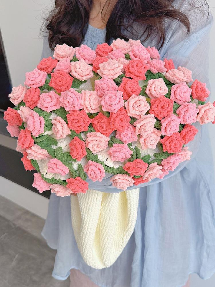 꽃다발 입문용 연습용 탑솔리드 헥스 뜨개꽃 뜨개질 어쿠스틱기타 통기타 만들기 블랭킷뜨기 80cm 밀크 화이트+오렌지 옐로우 장미 - 상세 이미지 2