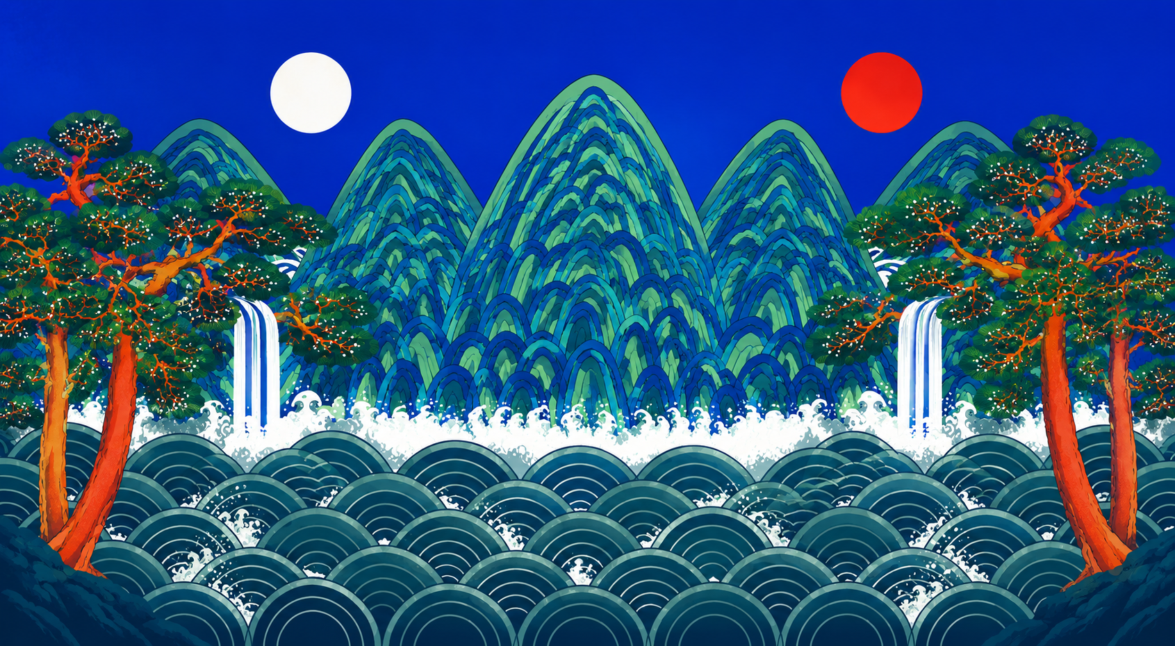 일월오봉도 그림 액자 왕실 병풍 한국 민화 캔버스 60x33cm - 상세 이미지 5
