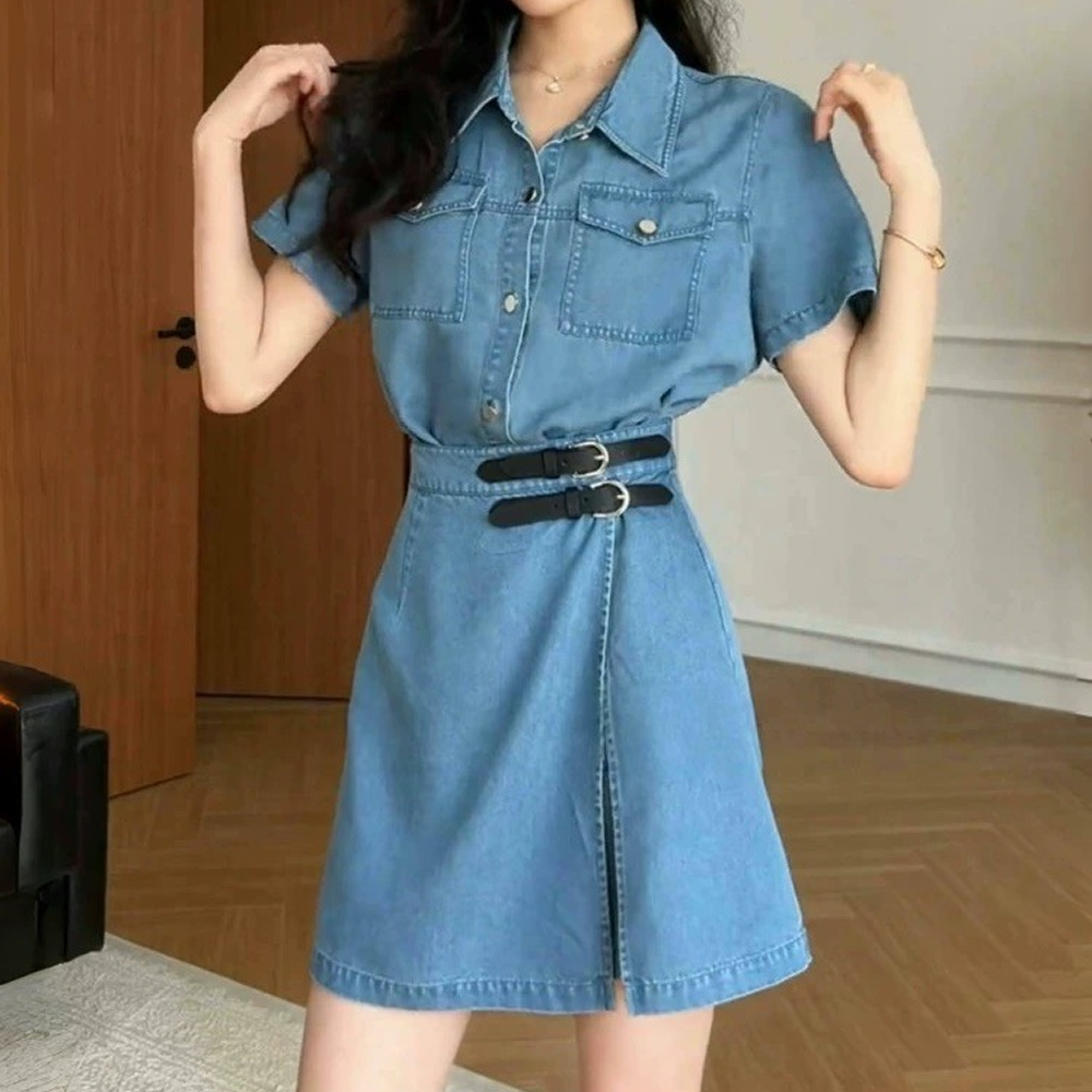 데님원피스 여성 여름 벨트 셔츠 미니 청원피스 - 상세 이미지 3