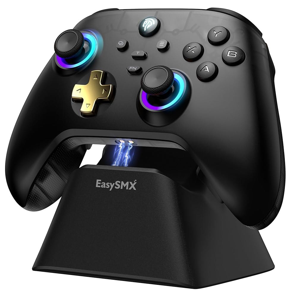 EasySMX D05 PC 컨트롤러 - 충전 도크/홀 센서/RGB 조명을 갖춘 향상된 무선 블루투스 프로 스틱 드 트, 데드존 없음 Windows PC, Android, Steam - 상품 이미지