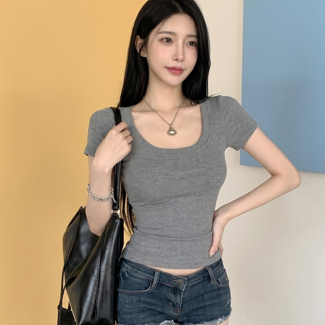 반팔티 모찌 쫀쫀 글램핏 U넥 크롭 스판 레이온 슬림핏 기본 티셔츠 슬림티 - 상품 이미지