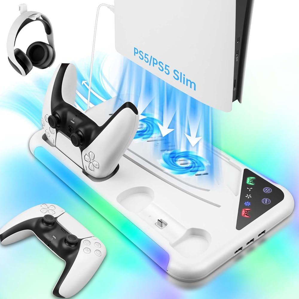PS5 슬림 / 스탠드 및 냉각 스테이션, 3레벨 PS 5 8개의 RGB LED 엣지 컨트롤러용 충전기, 5용 디자인 디스크 & 디지털 (화이트 + 회색 먼지 커버) - 상품 이미지