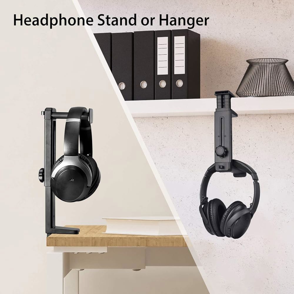 NEETTO HS906 헤드폰 스탠드 및 행거 2 in 1, 위/아래 책상 게임 헤드셋 홀더 높이 조절 회전 클램프가 있는 마운트 후크, 케이블 클립이 이어폰 - 상세 이미지 2