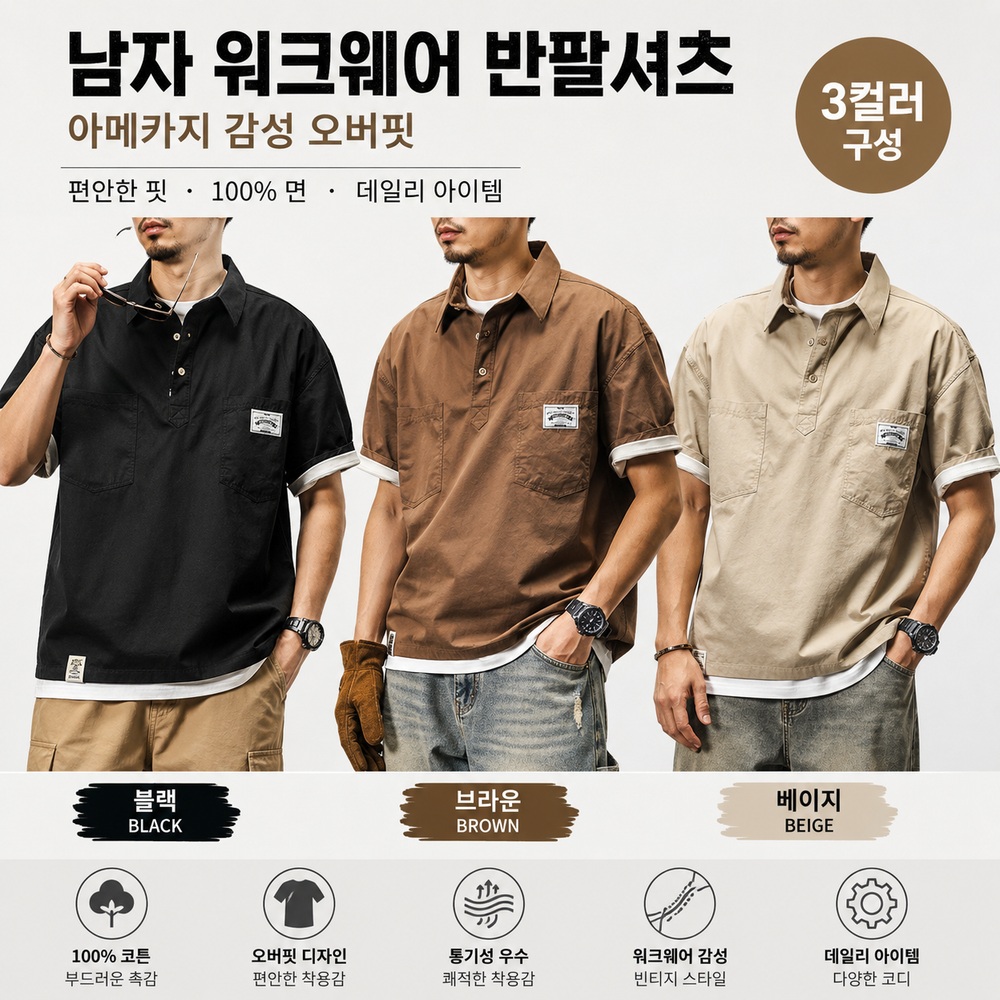 남성 빈티지 워크웨어 반팔 카라티 루즈핏 캐주얼 셔츠 - 상품 이미지