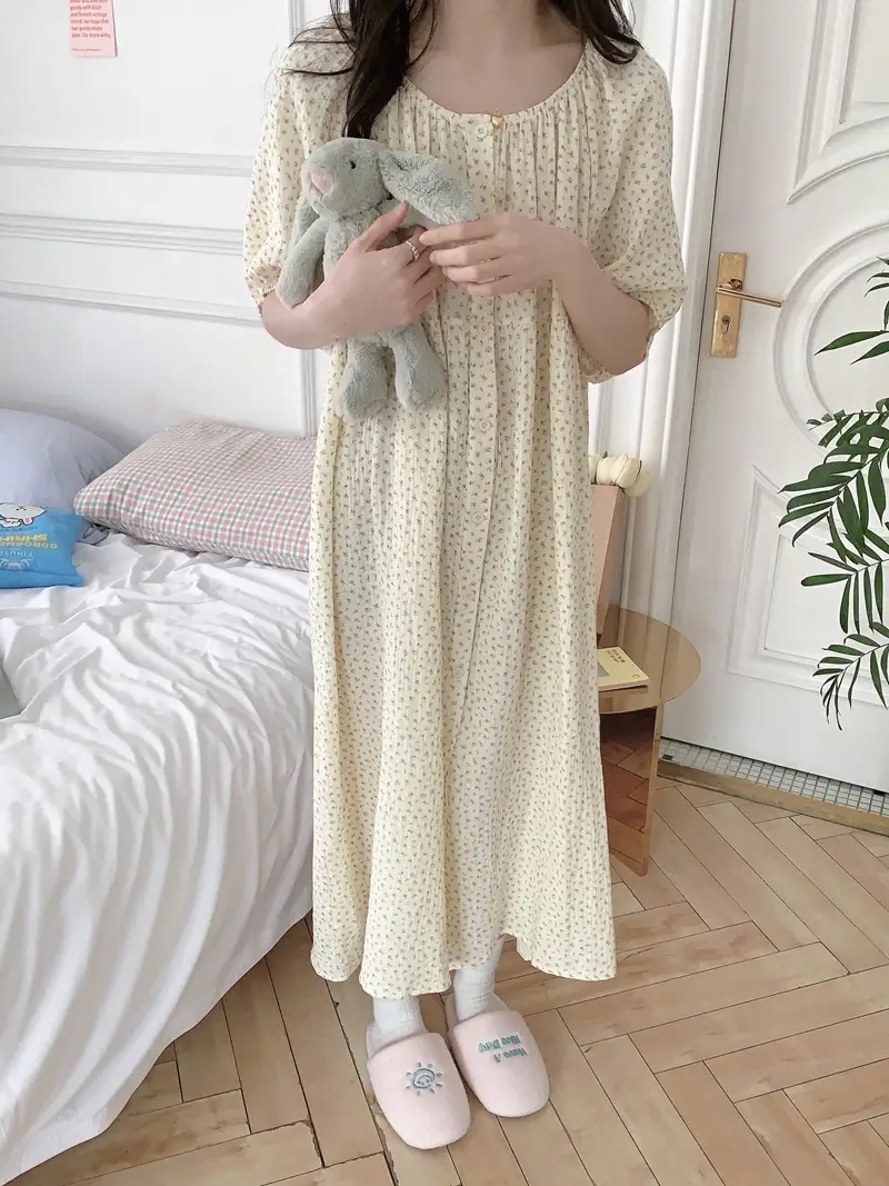 잔꽃 빅사이즈 반팔 원피스잠옷 노카라 요루면 거즈면 임산부 수유 홈웨어 파자마 여름 - 상세 이미지 4
