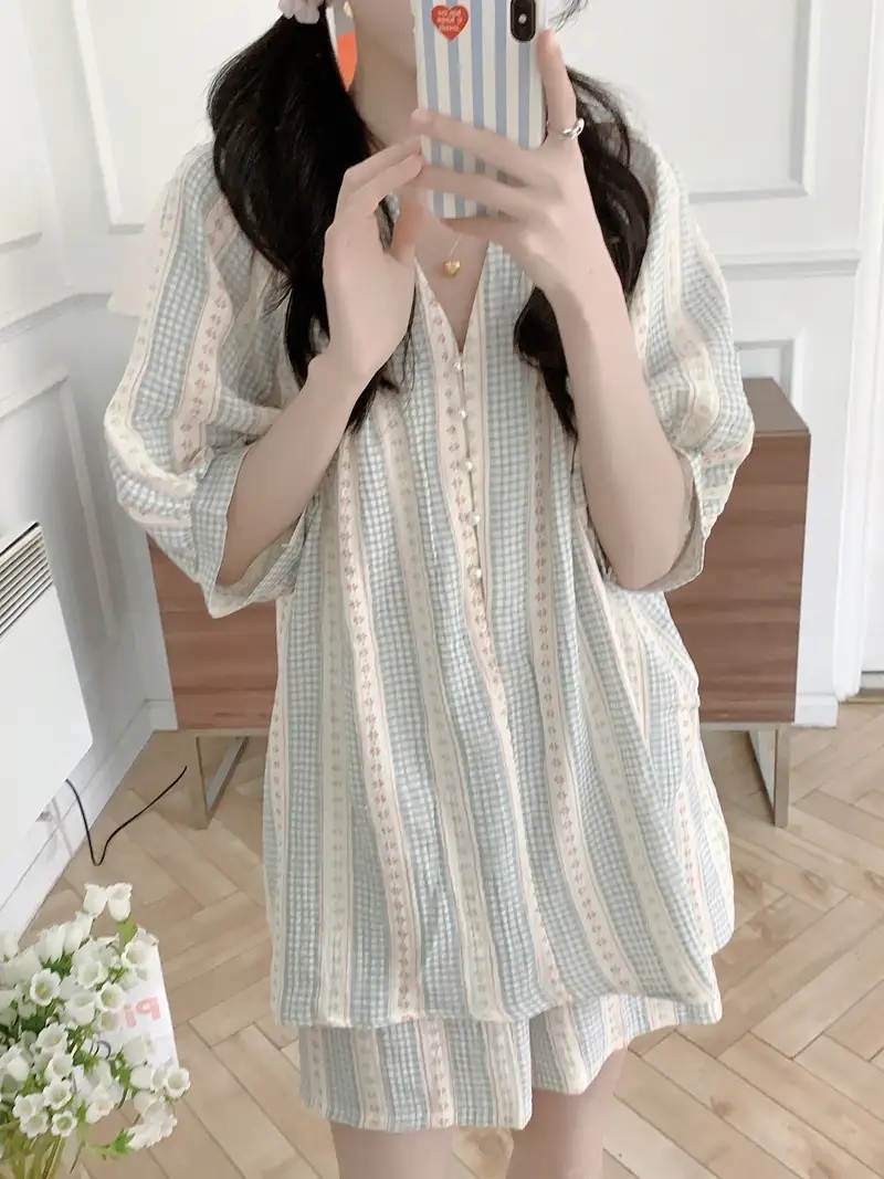체크꽃 반팔잠옷 빅사이즈 요루면 반바지 수유 임산부 홈웨어 파자마 여름 - 상세 이미지 4