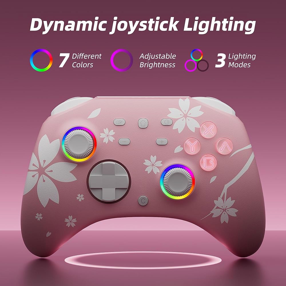 스위치 / 2용 Mytrix 무선 컨트롤러, Windows PC iOS 안드로이드 스팀 덱, 프로그래머블 사쿠라 핑크 블루투스 홀 효과 조이스틱, 조절 가능한 LED 조명 터보 - 상세 이미지 2