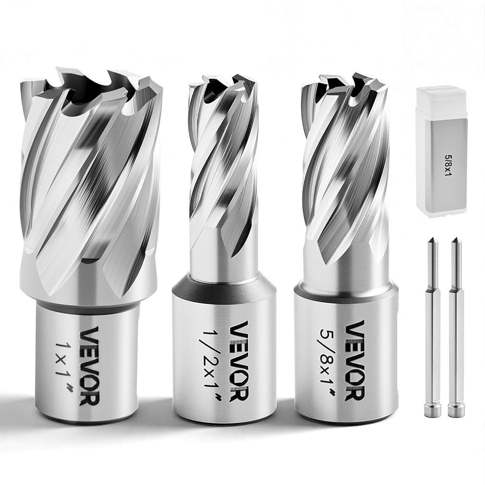 VEVOR 환형 커터 세트, 웰던 샹크 마그 드릴 비트 키트 5개, 절단 깊이 1인치, 1/2인치, 5/8인치, 직경 HSS, 파일럿 핀 2개와 플라스틱 케이스 3개가 있는 3개, - 상품 이미지