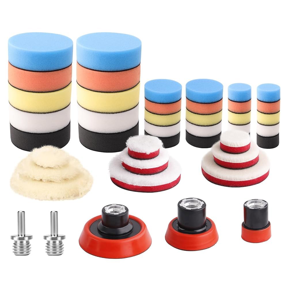 ZFE 자동차 폼 드릴 연마 패드 키트, 44Pcs 1인치 2인치 3인치 디테일 버핑 믹스 사이즈 디테일링 버퍼 폴리셔 연마, 버핑을 위한 5/8-11 스레드 백킹 및 어댑터 포함 - 상품 이미지