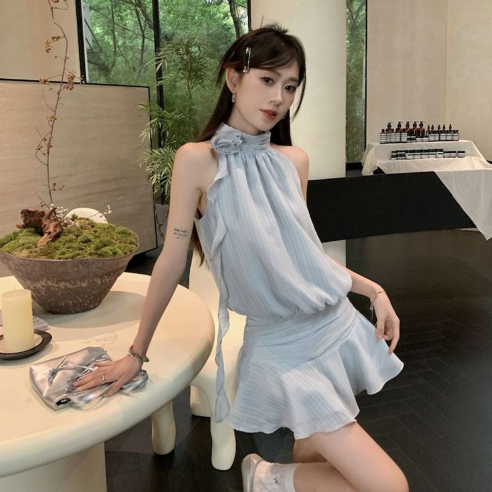 스트랩 끈나시 줄무늬 민소매 슬리브리스 레이어드 탑 티셔츠 골지 민소매티 민소매나시 이너 블루 S - 상품 이미지