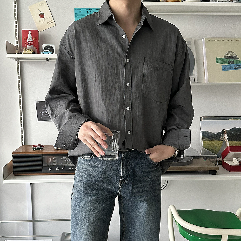 남자 와이 셔츠 오버핏 나일론 실크 남밤 남성 셔츠 - 상품 이미지