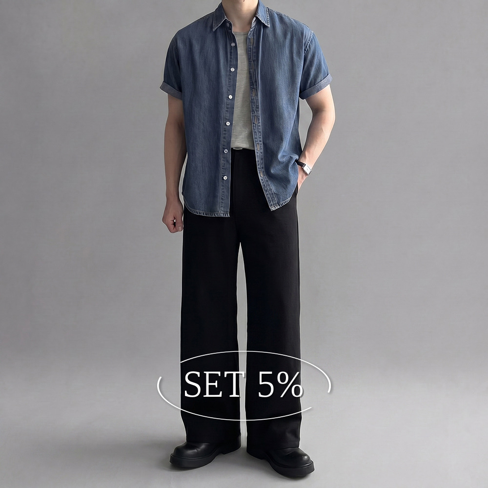 [SET] 오버핏 데님 반팔 셔츠 + 뒷밴딩 와이드 코튼팬츠 - 상품 이미지