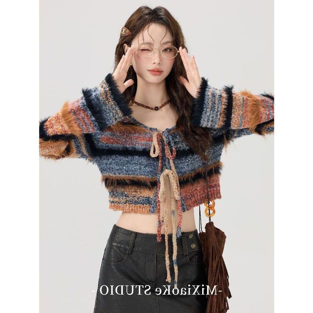 복고 티셔츠 긴팔 남자 반팔티 허리길이 가디건 스트라이프 기본 반팔티셔츠 쿨티셔츠 긴팔티 - 상품 이미지