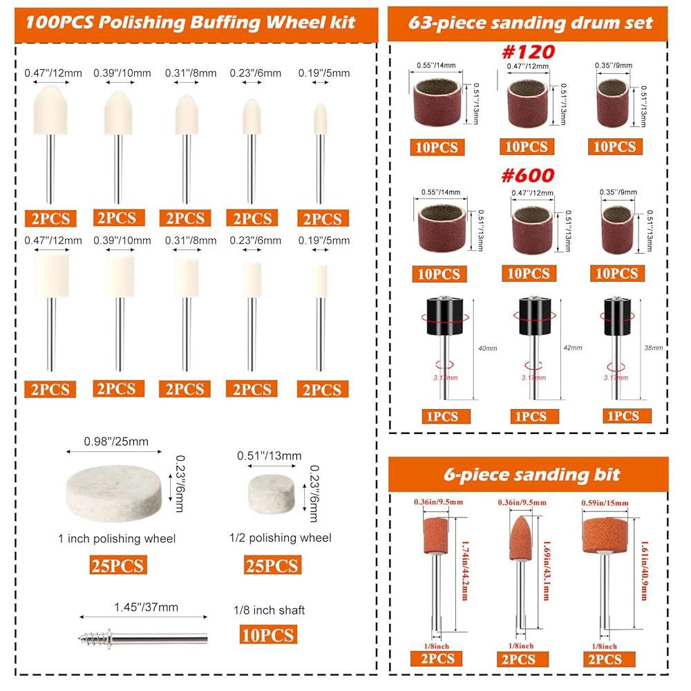 샌딩 드럼 u20131/8인치 섕크 로터리 툴 액세서리 세트가 포함된 Sunxeke 185Pcs 울 펠트 연마 키트, 금속, 목재, 세라믹, 스테인리스 스틸 및 유리용 완충 휠, - 상세 이미지 2