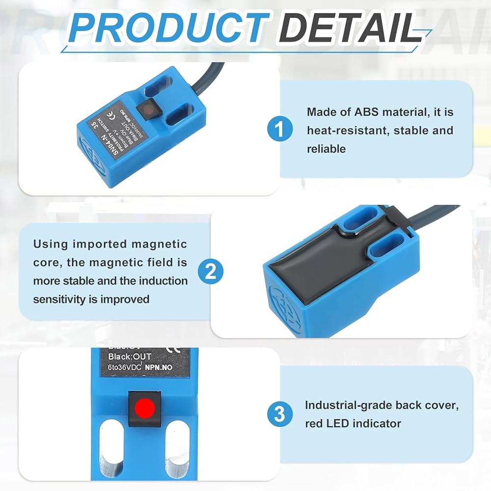MECCANIXITY 3Pcs SN04-N2 유도 근접 센서, DC 6-36V 300mA NPN NC 일반 감지 스위치 감지기, 산업 자동화용 4mm 3 와이어, 블루 - 상세 이미지 3