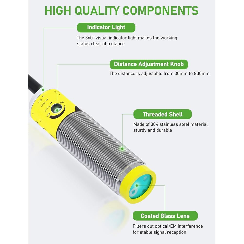 DIHOOL 광전 근접 센서, 모션 스위치, IP65 방수, 일반 개방형 NPN NO, M16, 3개의 전선, 12V / 24V 입력(10-30VDC), 3cm에서 80cm까지 - 상세 이미지 3