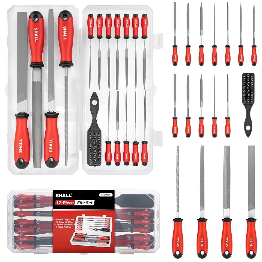 SALL 17PCS 금속 파일 세트 - 프리미엄 등급 T12 드롭 단조 합금강 평평한 / 삼각형 반원형 둥근 대형 및 보관함, 와이어 브러시가 포함된 12PCS 바늘 금속, 목재 - 상품 이미지