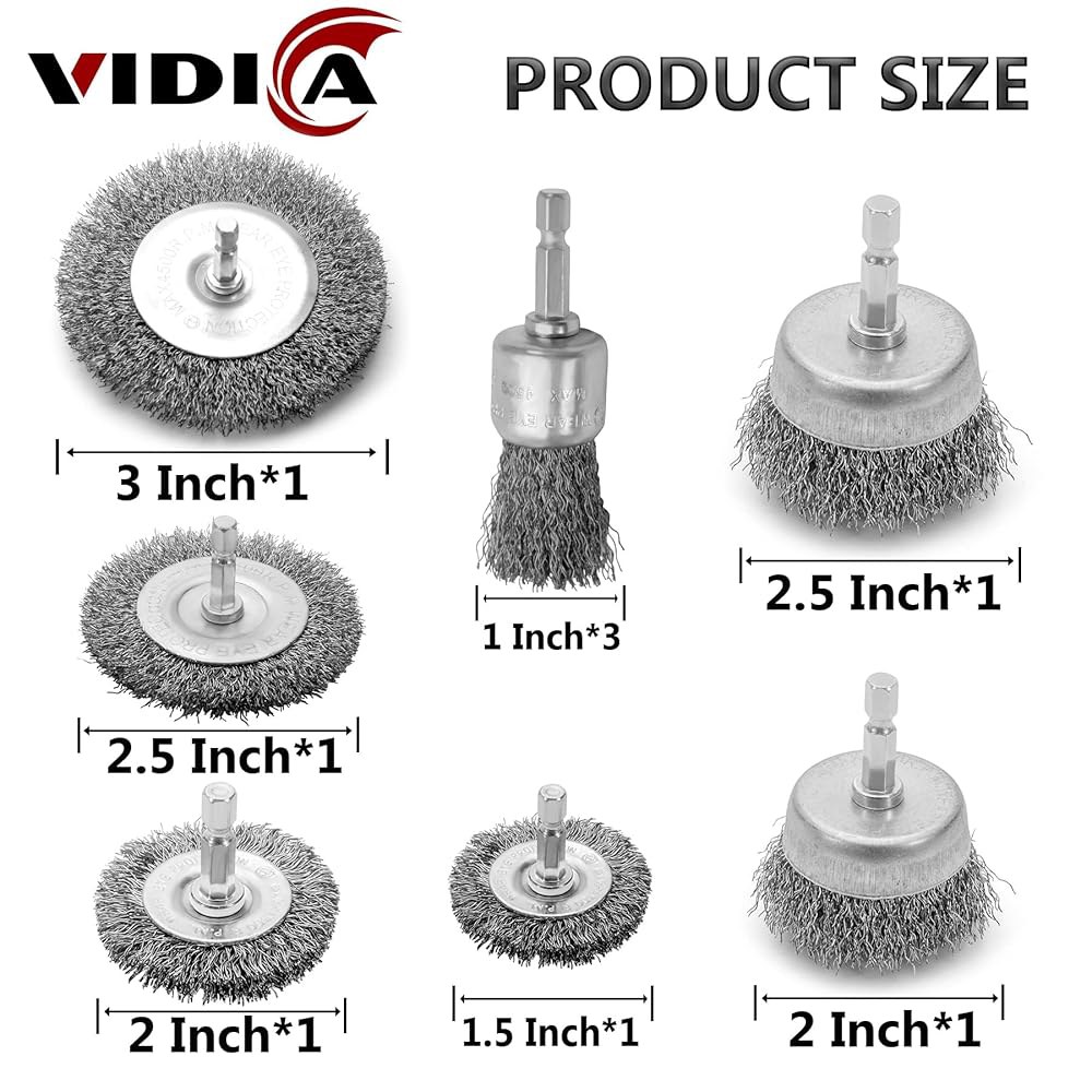 드릴 세트용 VIDICA 와이어 브러시 9Pcs, 1/4인치 육각 생크용 연마 휠, 드릴용 컵 브러시, 페인트 및 녹 제거용 거친 크림핑 카본 스틸 세트 6 PCS - 상세 이미지 2