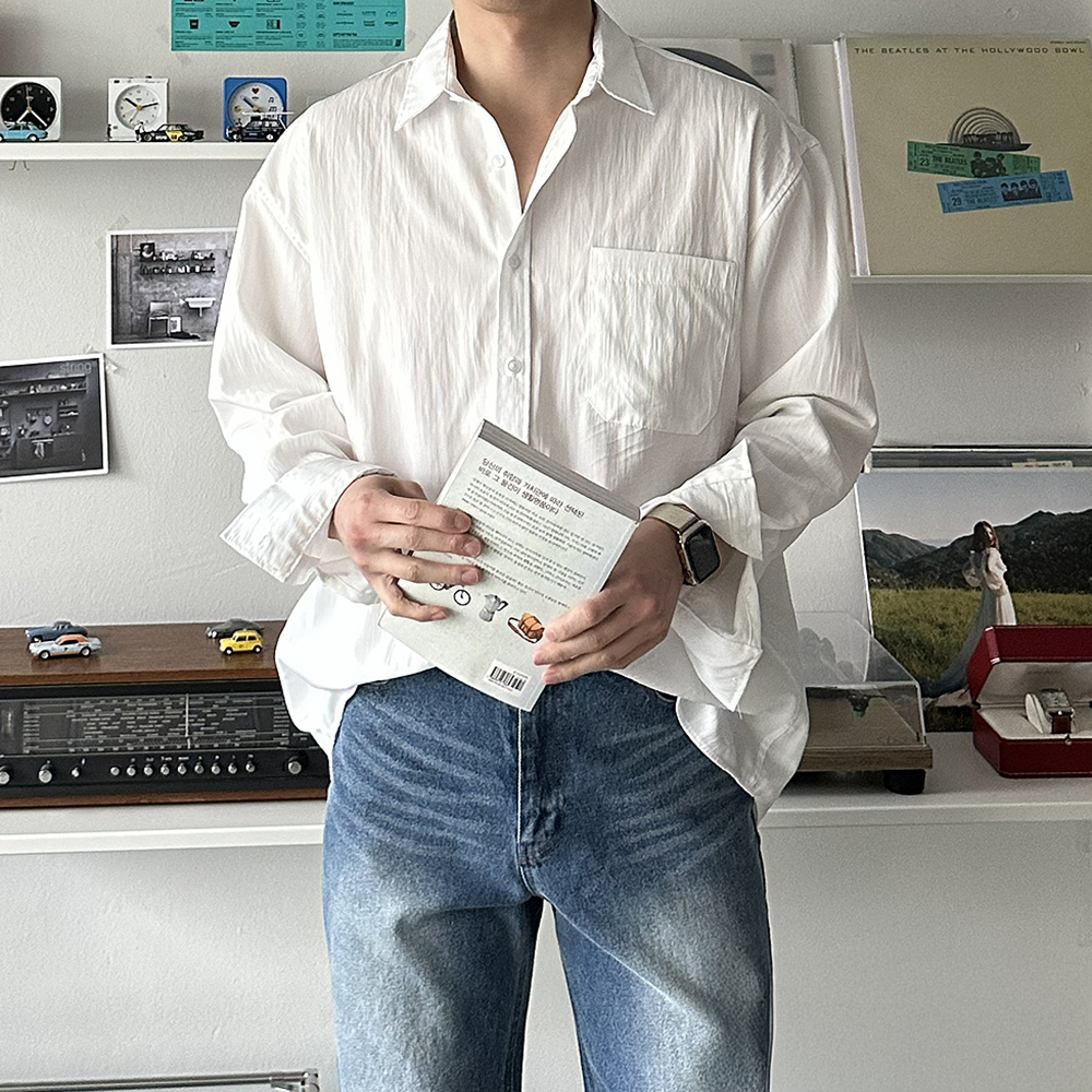 남자 와이 셔츠 오버핏 나일론 실크 남밤 남성 셔츠 - 상세 이미지 2