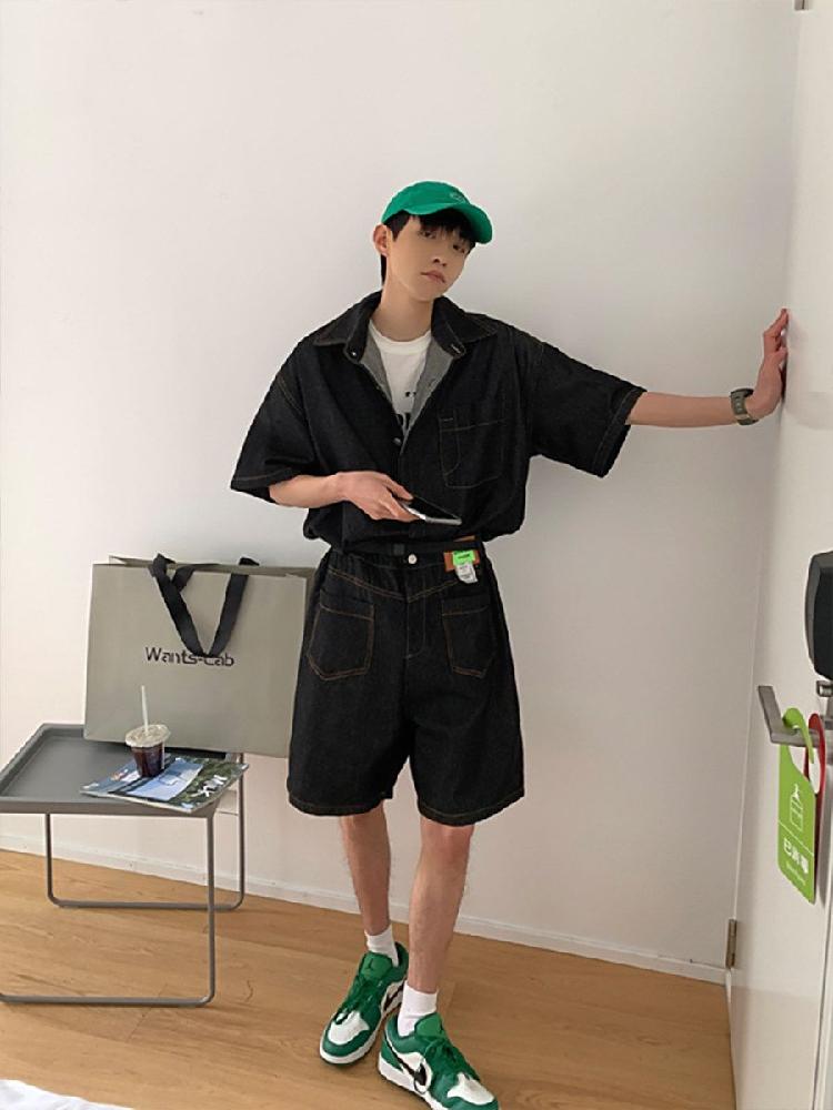 청점프수트 점프슈트 코듀라 멜빵바지 남자 반팔 데님 오버롤 와이드 여성 팬츠 여름 원피스 - 상세 이미지 3