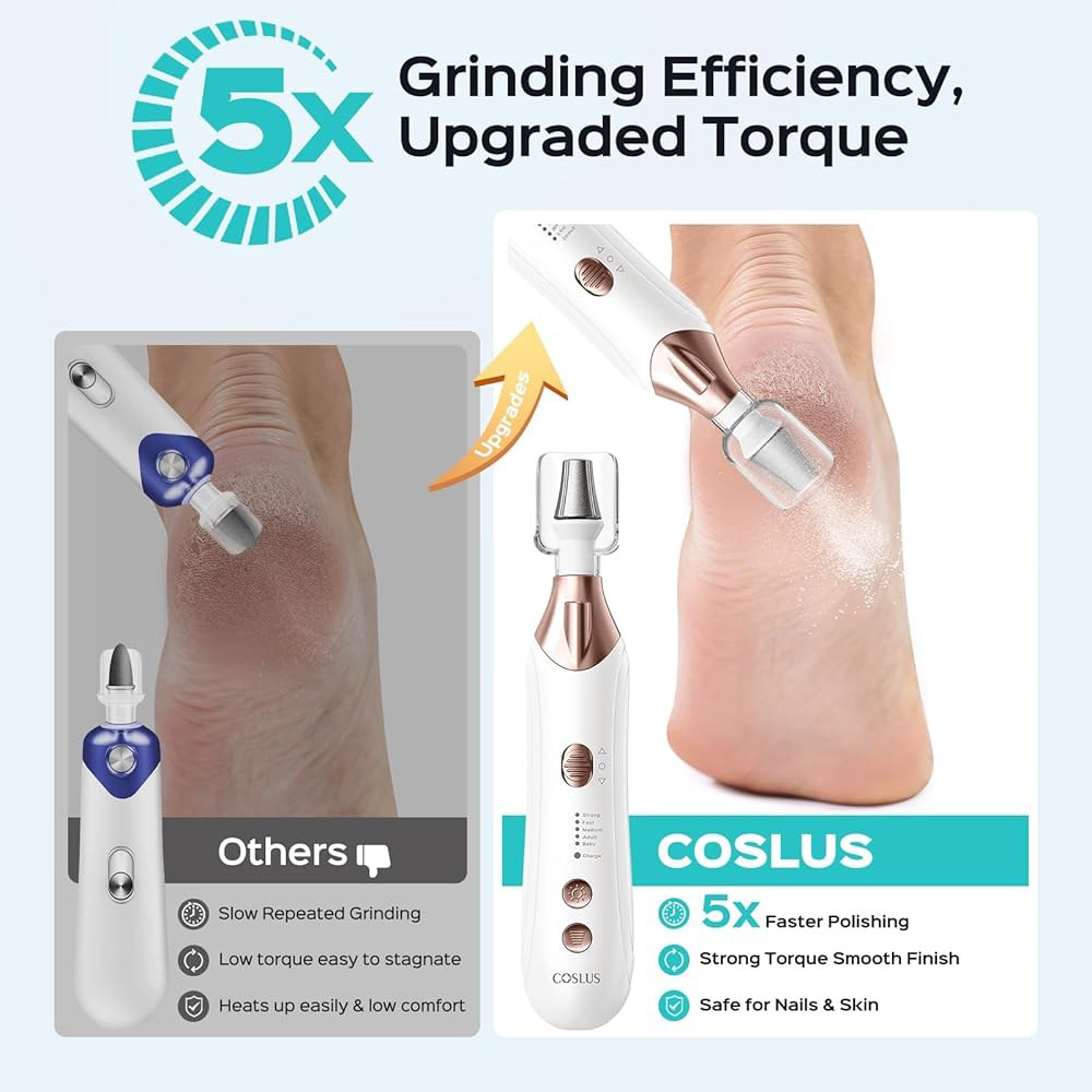 COSLUS C43 프로페셔널 매니큐어 페디큐어 키트, 발톱 손 발 관리를 위한 5-in-1 전기 네일 파일 - 두꺼운 손톱을 넓은 그라인더, 무선, 5단, 남성 여성 시니어 홈 - 상세 이미지 2