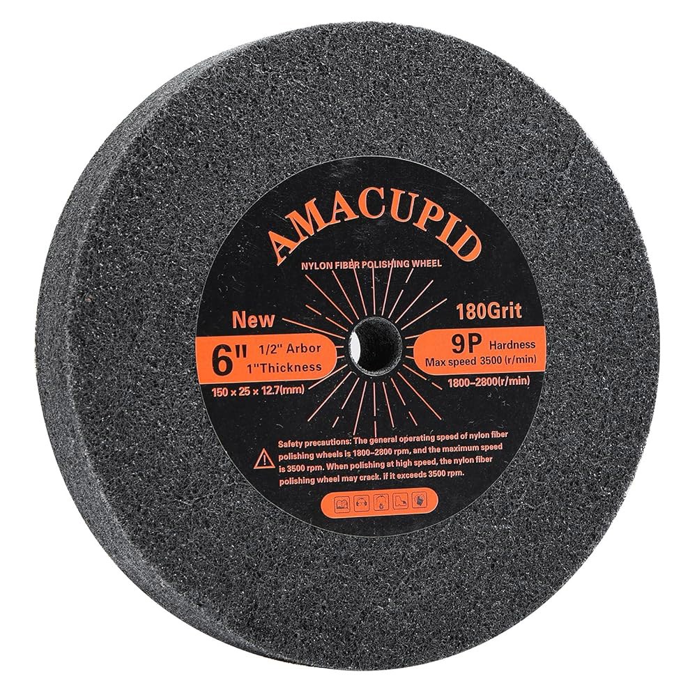 AmaCupid 디버링 휠 나일론 섬유 버핑 6인치 9P 경도. 벤치 그라인더 연마기용. 실리콘 카바이드 연마. 스테인리스 스틸 등 1/2인치 Arbor, 180 그릿 - 상품 이미지