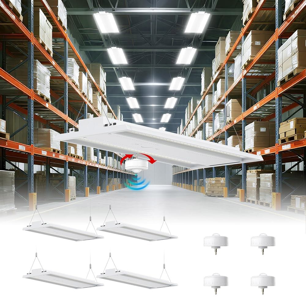 모션 센서가 장착된 300W LED 선형 하이 베이 상점 조명 4팩, 중앙 면적 확대, 45000LM, 120-277V, 0-10V, 5000K, 상업용 조명, UL 창고 산업용 - 상품 이미지