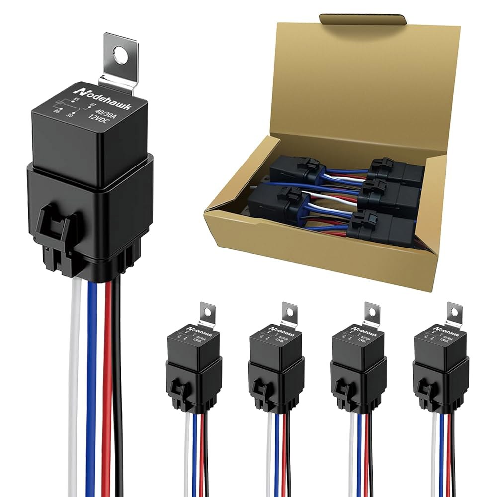 4핀 릴레이 40/30AMP 12V DC 자동차 릴레이, 하네스 헤비 듀티 12AWG 통조림 구리선, 5팩 포함 방수 4 Pin - 상품 이미지