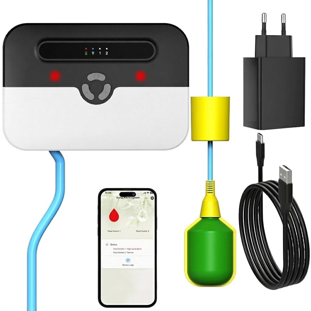 럭키듀오 고/저섬프 펌프 알람 WiFi [새 업그레이드], 내장 백업 배터리, 스마트 앱 알림 알림, 워터 레버 센서 감지기, 10피트 테더링 플로트 스위치, 지하실용 110dB - 상품 이미지