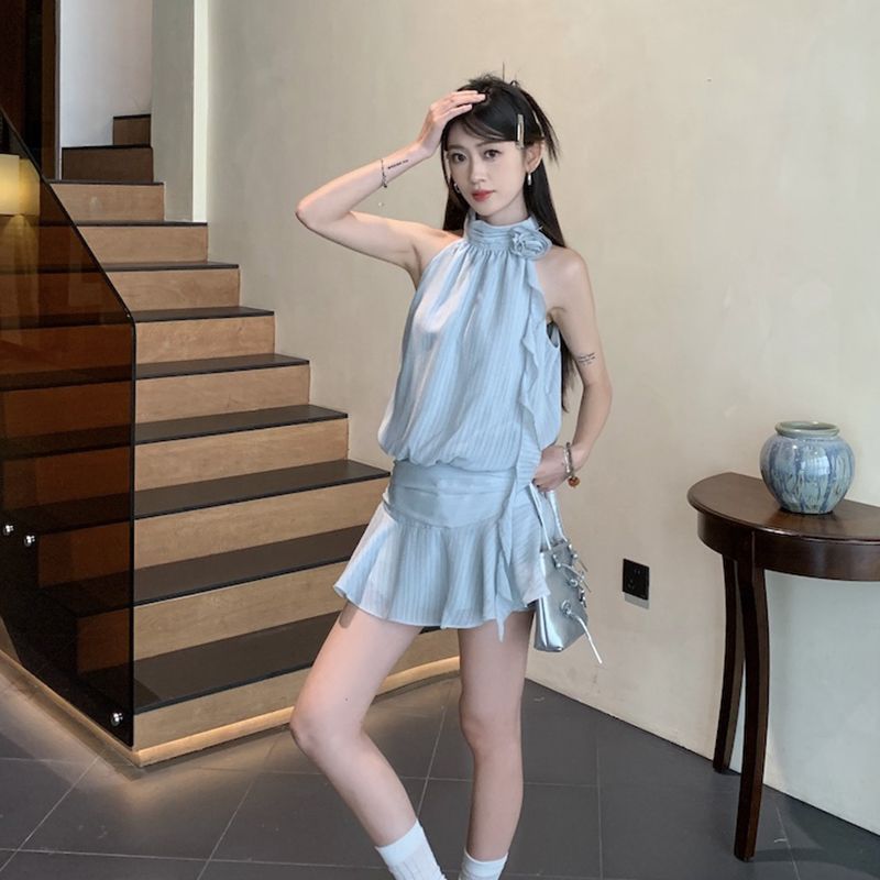 스트랩 끈나시 줄무늬 민소매 슬리브리스 레이어드 탑 티셔츠 골지 민소매티 민소매나시 이너 블루 S - 상세 이미지 3